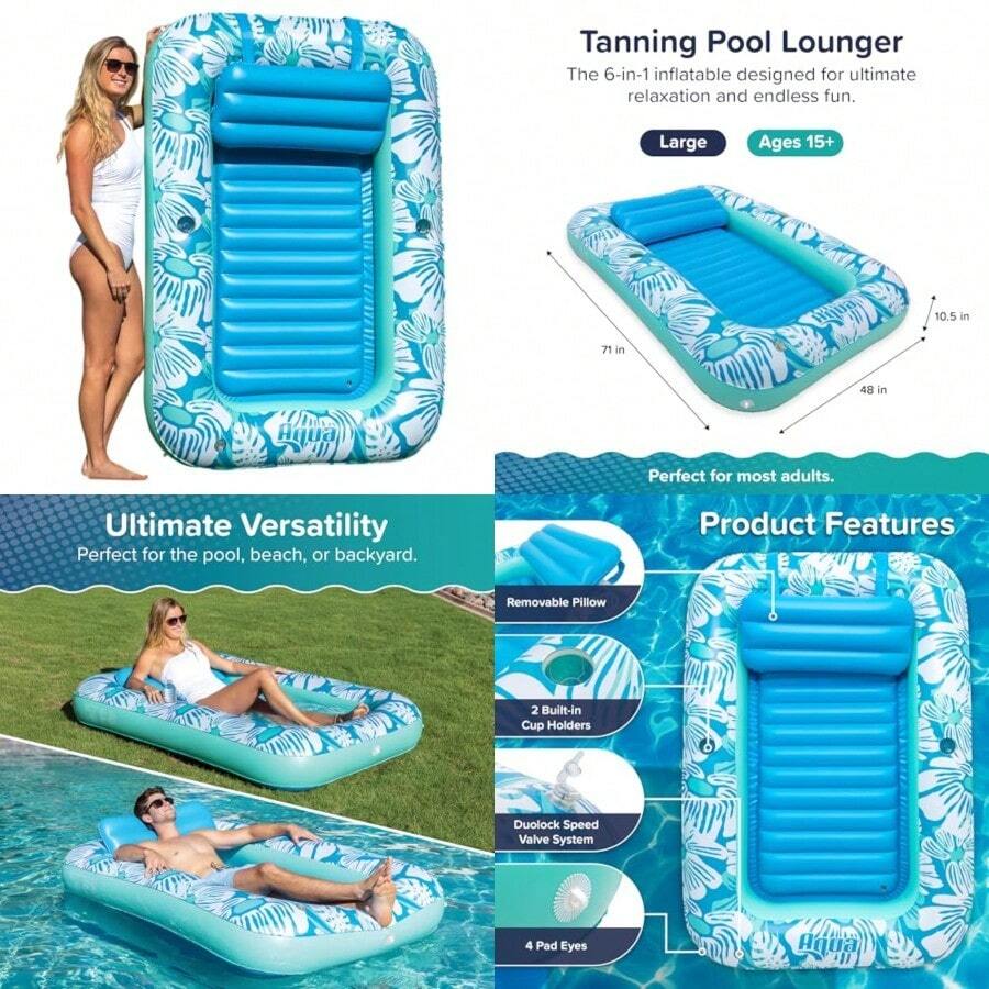 Aqua Inflatable Tanning Pool Lounger and Float with Removable Pillow - 71" x 48" - Blue Flowers - Flores azules - Ver 1