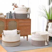 67L Large Blanket Basket, 20'x13' Woven Storage Baskets With Handle, Cotton Rope Blanket Basket Living Room, Baby Laundry Hamper - 白色和棕色 - 查看 6