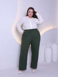 Women's Plus Size Pants In Premium Wool Knit Fabric With Tie Detail And Side Pockets, Sizes GG To G6 - Army Green - View 1