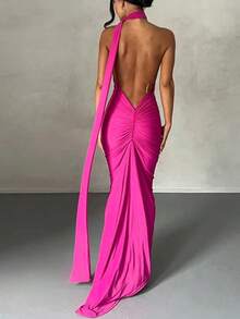 Vestido de fiesta elegante de verano para mujer, de un solo hombro, ajustado y con espalda descubierta, de unicolor - Rosa Fucsia - Ver 3