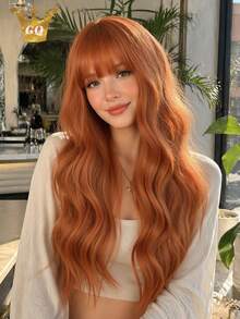 26 Inch Orange-Red Wavy Curly Hair Women's Wig, With Soft Bangs, Fluffy Soft Heat-Resistant Synthetic Fiber Long Wig, Natural And Beautiful, Suitable For Daily And Party Use - Burnt Orange - View 1