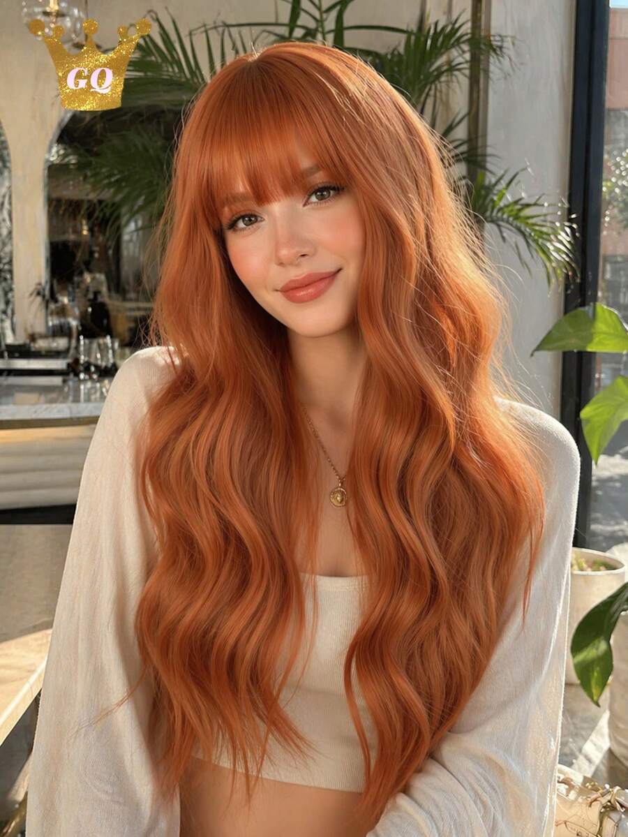 26 Inch Orange-Red Wavy Curly Hair Women's Wig, With Soft Bangs, Fluffy Soft Heat-Resistant Synthetic Fiber Long Wig, Natural And Beautiful, Suitable For Daily And Party Use - Burnt Orange - View 1
