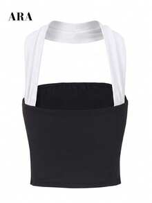 ARA CHIC Women's Black French Style Cold-Shoulder Halter Neck Cropped Inner Top, Exquisite Backless Slim Fit Sleeveless Top, Suitable For Dating And Vacation - Black and White - View 8