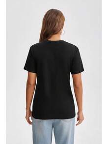 Camiseta básica clásica de algodón para mujer, de cuello redondo y manga corta, camiseta holgada de color sólido, top deportivo de color sólido, sudadera, camiseta de verano. - 0-Negro - Ver 3