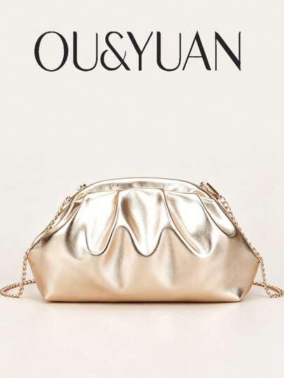 秋冬新款褶皱云朵金色手拿包，小众设计多功能晚宴包，链条单肩斜挎包，简约纯色钱包，女士钱包，婚礼配饰，圣诞礼物，适合派对、晚宴、婚礼、约会、购物等场合。