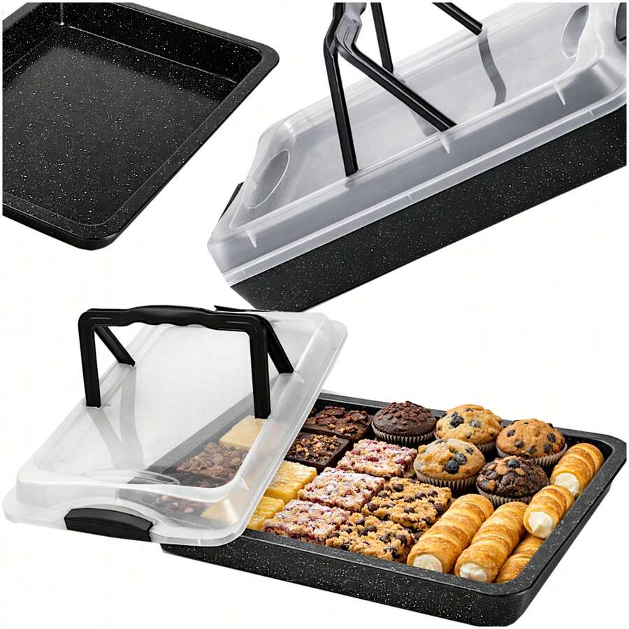 42cm Rectangular Nonstick Baking Pan With Lid & Handle, Large Deep Sheet Cake Tray, Portable Baking Tin For Brownies, Cookies, Lasagna, BBQ, Kitchen Oven Bakeware - View 1
