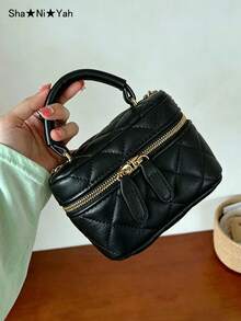 Rhombus Quilted Chain Strap Bucket Bag, Mini & Large Size Handbag, Shoulder & Crossbody Cosmetic Bag - Black - View 5