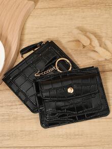 Black Crocodile Pattern Chain Keychain Card Wallet Purse, Mini Zip Around With Flap Multi-Card Slots, PU Leather Coin Pocket Unisex For Daily Use Travel, Compact Minimalist Accessory For Birthday Christmas Gift - Black - View 4