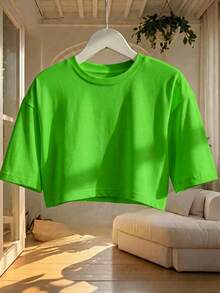 2 piezas Camiseta de manga corta y cuello redondo holgada y corta para mujer, adecuada para uso en primavera/verano, estilo casual/minimalista/elegante/sexy/streetwear/Y2K, apta para oficina - Fruta verde - Ver 6