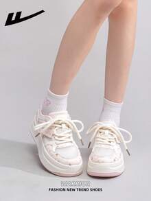1 Pair WARRIOR Women's Thick Sole Lace-Up Soft Bottom Casual Shoes, Low-Top Outdoor Flat Shoes For Summer, Round Toe Low Heel Non-Slip Solid Color Elegant Soft Bottom Hiking Suitable For Students Graduation Photos, Women Low-Top Mesh Sneakers - Flour/Rice - View 8