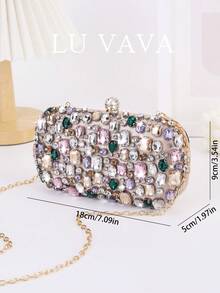 LU VAVA Solid Color Rhinestone Evening Clutch With Sphere Diamond Clasp & Gold Chain, Spring Wedding Party Luxury Shiny Bag(Champagne) - Champagne - View 4