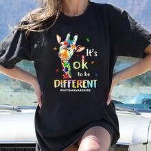 Pegatina de Transferencia Térmica de Jirafa de Moda 2026, Parche Impreso con la Frase "No Ser Diferente es Bueno", adecuado para la decoración de camisetas y ropa, impresión de camiseta para la concientización sobre el autismo. - Negro - Ver 1