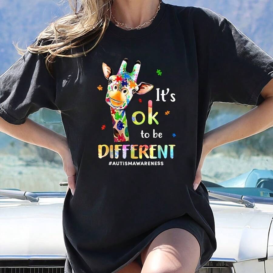 Pegatina de Transferencia Térmica de Jirafa de Moda 2026, Parche Impreso con la Frase "No Ser Diferente es Bueno", adecuado para la decoración de camisetas y ropa, impresión de camiseta para la concientización sobre el autismo. - Negro - Ver 1