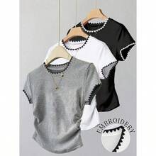 3pcs Women Summer Casual Solid Color Tops, Fashion Minimalist Style, Suitable For Sports, Outdoor, Back To School, Pink, Apricot, Brick Red, Women T-Shirts - 多色-5 - 查看 1