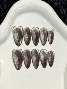 10pcs Purple Base Gold Cat Eye Design Handmade False Nails, Suitable For Women - Purple - View 1