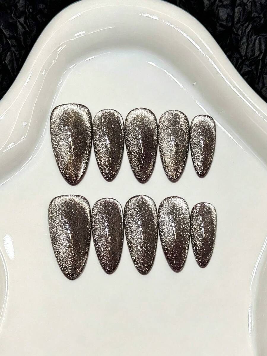 10pcs Purple Base Gold Cat Eye Design Handmade False Nails, Suitable For Women - Purple - View 1