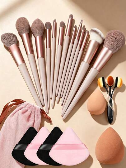 Bộ cọ trang điểm 20 món, bao gồm: 13 cọ trang điểm (cọ má hồng, cọ nền, cọ phấn mắt, cọ tạo khối, cọ kẻ lông mày, cọ phấn phủ, v.v.) + 1 túi đựng mỹ phẩm có dây rút, 1 cọ nền số 4 + 2 bông mút trang điểm màu hồng + 2 bông mút trang điểm màu đen. 3 tùy chọn cấu hình: 1) 4 bông mút trang điểm (2 hồng + 2 đen); 2) 1 cọ nền số 4; 3) 13 cọ trang điểm + túi đựng mỹ phẩm + 4 bông mút trang điểm + 1 cọ nền số 4.