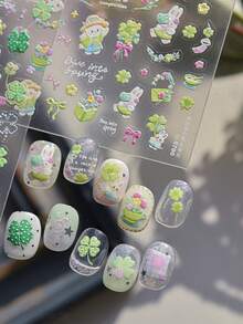 1 Sheet Spring Rabbit Nail Stickers, Cute Rabbit & Flower Self-Adhesive Nail Decals For DIY Nail Art Decoration - Multicolor - View 2