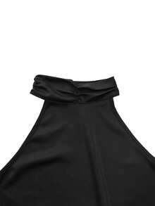 Camiseta sin tirantes versátil y sexy con encaje y parches asimétricos, nuevo diseño de primavera/verano, material de satén, top casual para salir para mujeres - Negro - Ver 4