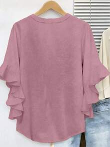 Plus Size Women V-Neck Solid Color Ruffle Trim Casual Blouse Pink Boho Tops - Pink - View 3
