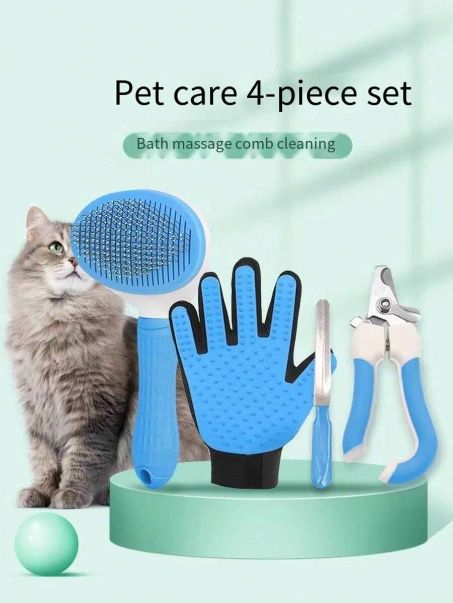 4件套宠物美容套装，猫狗通用梳子、除毛手套、指甲钳、清洁工具套装 - 彩色 - 查看 1