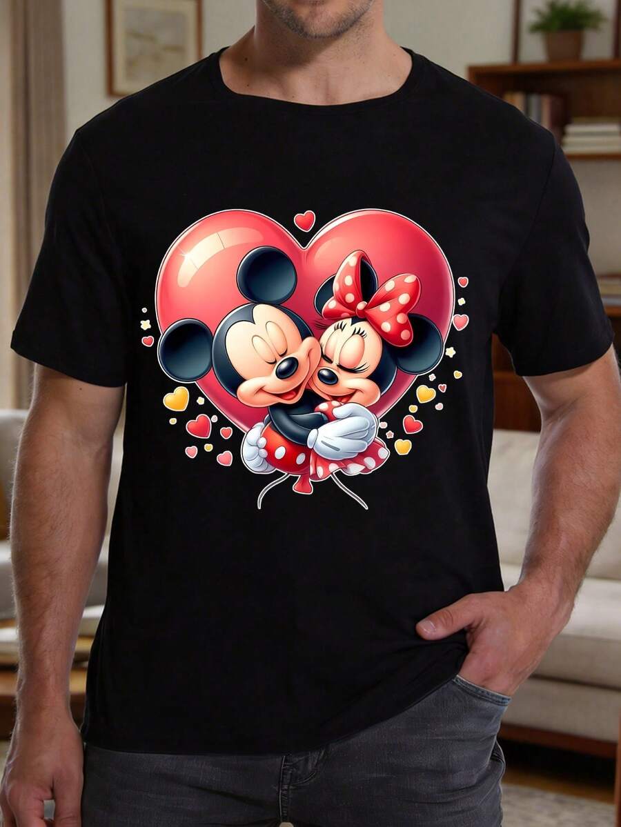 Disney 1件男士米奇米妮卡通印花短袖T恤,圆领,弹力面料,适合日常穿着,易于打理,时尚休闲男士T恤,短袖T恤 - 黑色 - 查看 1