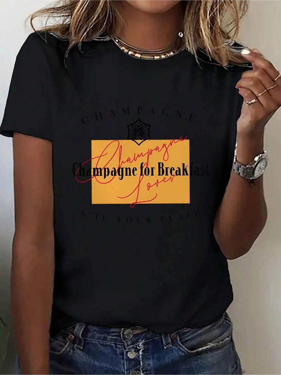 Fashionable Women's Sports T-Shirt 2026, Cartoon Letter Print Design With Champagne Drinks, Short Sleeve Round Neck Letter Print T-Shirt, Sports T-Shirt For Champagne Enthusiasts. - 黑色 - 查看 1