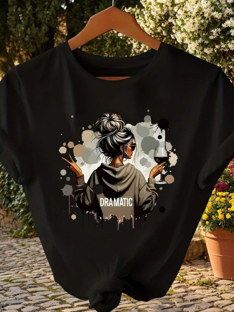 Women's Plus Size Oversized T-Shirt - Letter Print On Back With Feminine Silhouette - Soft, Machine Washable, Comfortable Round Neck Casual Blouse For All Seasons, Women's Casual Clothing - 黑色 - 查看 1