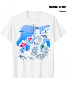 Sommartopps grekisk souvenir-t-shirt - tryckt med en grekisk ökarta och vita hus på Santorini, grekiskt nyckelmönster och olivträdsdesign, lös bohemisk skjorta för semester i Aten, vardagskläder (storlekar kan variera). Bomulls-t-shirt, sommaroutfit. - Vitt - Visa 6