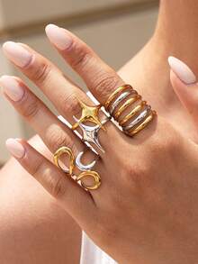 Frminee 3pcs/1pc Summer Gold Jewelry Stainless Steel Ring For Women, Stackable Western Jewelry, Accessories For Women, Suitable For Daily Vacation, Beach Accessories For Women - Multicolor - View 3