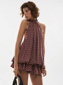Vestido casual de verano con tejido ligero, cuello halter y espalda descubierta, perfecto para look diario y salidas al aire libre - Burdeos - Ver 6