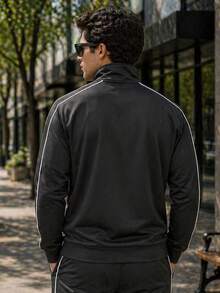 Men's Contrast Pipe Side Stripe Solid Color Zip Up Track Jacket Activewear Top - 黑色 - 查看 3