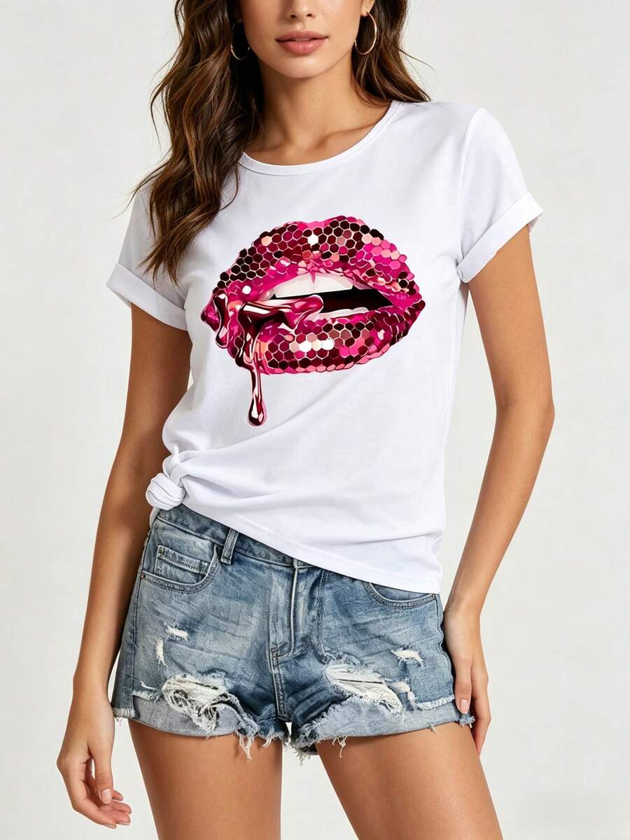 Women's T-Shirt With Lip Print, Glitter Sequins, Fun Casual Short Sleeve Round Neck Top, Pop Art Urban Style Top With 3D Effect, Eye-Catching Streetwear Clothing For Parties And Everyday Wear - 白色 - 查看 1