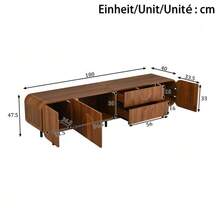 TV Cabinet With 3 Doors, 2 Drawers, Vertical Grooves, Arched Reliefs, Rounded Corners, Metal Legs, Mid-Century Style, Cable Management, Living Room Cabinet, TV Table - 核桃 - 查看 2
