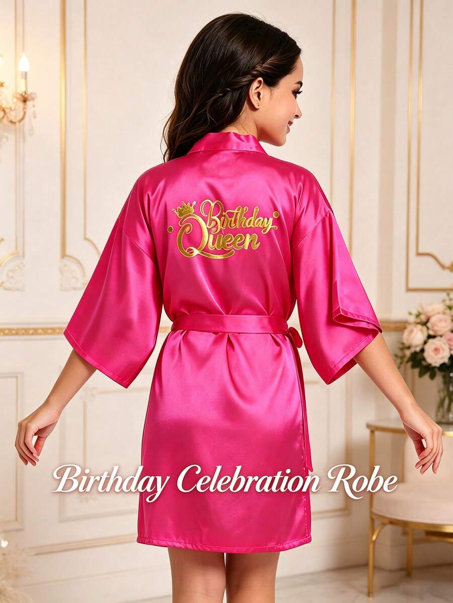 1 件装女童生日主题缎面和服睡袍，超轻透气速干夏季睡袍，凉爽触感家居服睡袍，适合生日、婚礼、度假、返校及居家穿着 - 玫瑰紅 - 查看 1