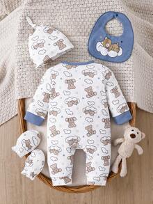 4pcs/Set Newborn Baby Boy Cloud & Bear Print Colorblock Romper + Hat + Gloves + Bib, Cute Outfit - Dusty Blue - View 2
