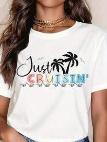 Camiseta de manga corta con estampado de palmeras "Just Cruisin'" para mujer - Ropa de playa para vacaciones de verano con diseño tropical y frases divertidas, camiseta blanca de manga corta con cuello redondo para ocio. - Blanco - Ver 7