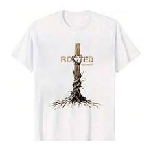 1 pieza Camiseta de hombre con estampado de cruz cristiana y raíces de árbol, de algodón grueso lavado, cuello redondo, manga corta, estilo casual, para uso diario o dominical, regalo para hombres creyentes, ropa urbana, corte holgado, esencial para el verano, 180g, 100% algodón. - Negro - Ver 11