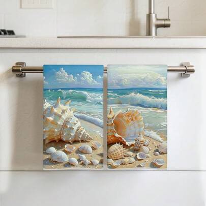 Bộ 2 khăn lau bếp, khăn microfiber siêu mềm họa tiết vỏ sò, kích thước 40*60cm/15.7*23.6in, in một mặt, khăn lau bát đĩa nhà bếp, thích hợp cho nhà hàng, nhà bếp, trang trí phòng tắm, quà tặng ngày lễ.