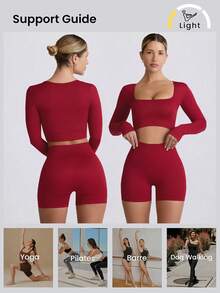 VVX Women's Seamless Sports Yoga Set Long-Sleeved Shorts Thumbholes Slim High-Waist Tummy Control Sports Set - Đỏ - Xem 4