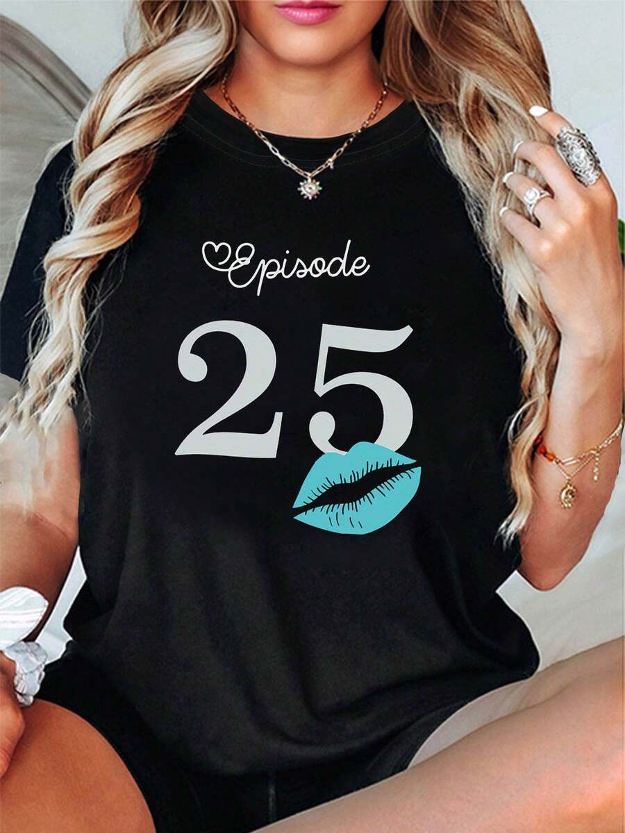 La edad de 25 años es un maravilloso capítulo en la vida. Camiseta de mujer de talla grande con estampado de labios, estilo casual, cuello redondo, para primavera/verano. Diseño creativo, cómoda para el uso diario y salidas - Camiseta unisex de algodón holgada de manga corta y cuello redondo, estilo vintage urbano. - Negro - Ver 1