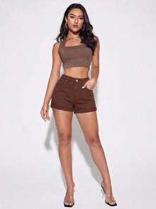 Shorts vaqueros casuales con bolsillos y puños para mujer - Marrón - Ver 5
