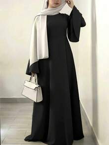 Olive Green Loose Long Sleeve Elegant Women's Dress, Casual Daily Wear Black - Black - View 3
