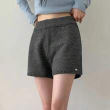 Pantalones Cortos de Punto Elásticos de Cintura Alta para Mujer, Estilo Chic, Versátiles, Talla Pequeña, Pantalones de Pierna... - Gris - Ver 4