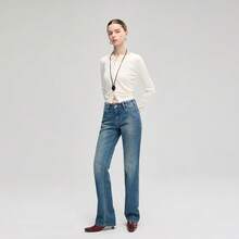 Women's Vintage Washed Straight Leg Jeans Mid Waist Cotton Denim Slim Fit Casual Long Pants - Màu xanh lam - Xem 1