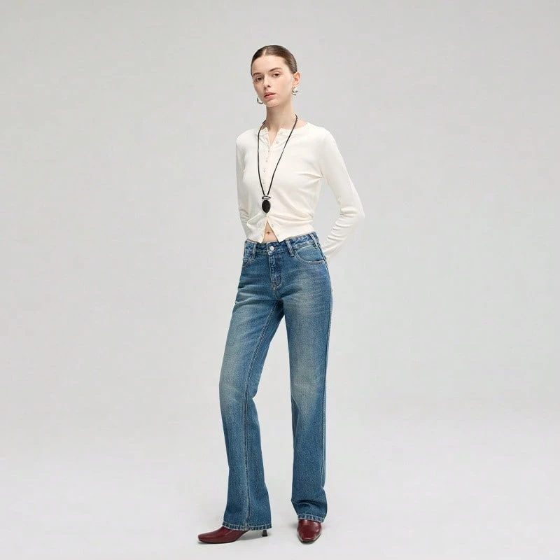 Women's Vintage Washed Straight Leg Jeans Mid Waist Cotton Denim Slim Fit Casual Long Pants - Màu xanh lam - Xem 1
