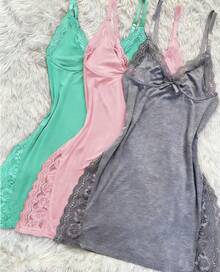 3-Piece Set Romantic Lace Trim Solid Color Side Split Dress Three Color  Dress, Bow Thin Shoulder Strap Silky Suspender , Women's Sexy Loungewear - 多色2 - 查看 9