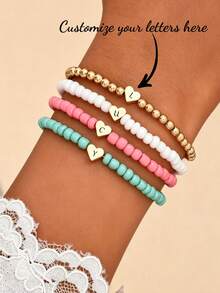 4pcs/Set Personalized Heart Beaded Bracelet, Fashion Bohemian Style Heart Bracelet Set, Minimalist Versatile 4-Color Seed Bead Bracelet - Multicolor - View 1