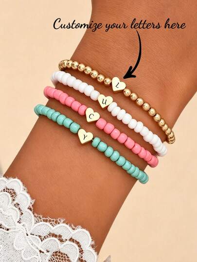 Set de 4 piezas Pulsera con cuentas con forma de corazón personalizada, Set de pulseras con corazón de estilo bohemio de moda, Pulsera versátil minimalista de 4 colores con cuentas pequeñas