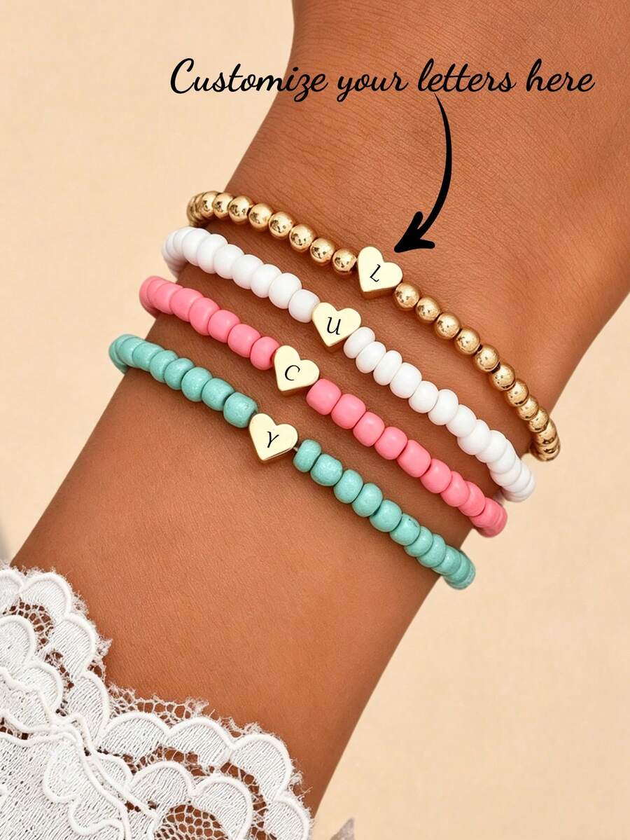 4pcs/Set Personalized Heart Beaded Bracelet, Fashion Bohemian Style Heart Bracelet Set, Minimalist Versatile 4-Color Seed Bead Bracelet - Multicolor - View 1